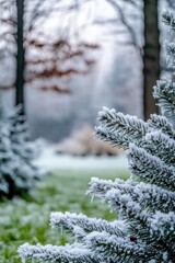 Sticker - A solitary pine tree stands tall in a snowy park, perfect for winter scenes and festive themes