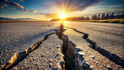Poster - A deep crack in the asphalt road with a vibrant sunset in the background, creating a dramatic and captivating scene.