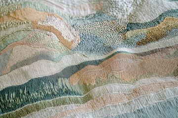 A fabric-textured design where landscapes are woven in intricate embroidery