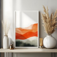Poster - close up of mockup poster with a white frame on a stylish desk surrounded by decorative items the cl