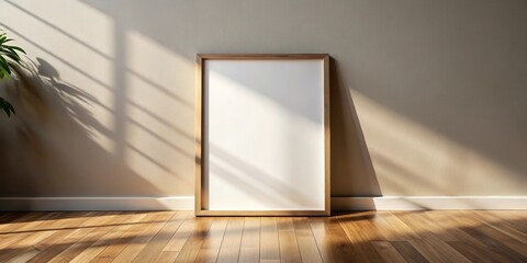 Aufkleber - Sunlight streaming through a window casts shadows on a wall and hardwood floor, illuminating a blank picture frame with a simple wooden frame.