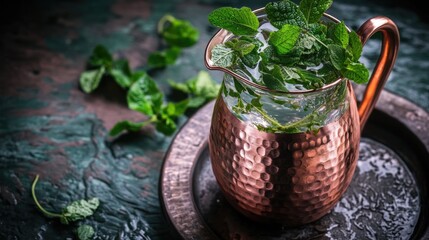 Poster - Fresh mint leaves arranged on a metal tray for decoration or use in cooking