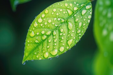 Poster - A close-up of a green leaf with water droplets glistening on its surface