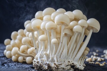Aufkleber - A group of mushrooms sitting on top of a pile of dirt, ideal for outdoor and nature-themed projects