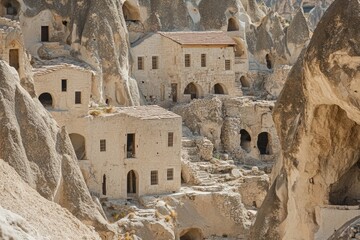 Aufkleber - A group of buildings built into the side of a mountain, possibly an ancient settlement or modern residential area