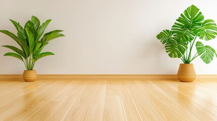 Wall Mural - Minimalist Interior Design Two Potted Tropical Plants on Beige Wood Floor and White Wall