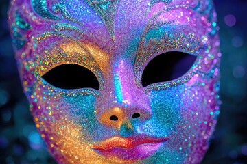 Poster - A detailed view of a decorative mask covered in glitter, suitable for party or festive decoration ideas