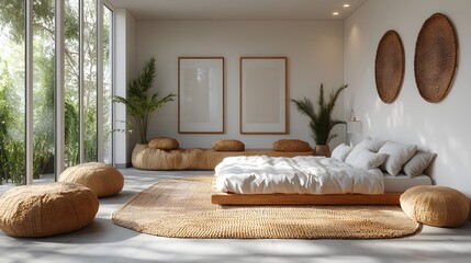 Poster - Coastal bedroom interior mockup white walls rattan furniture and empty frames displayed from multiple side views Natural textures and soft tones define the serene coastal style in this 3D render