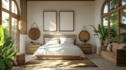 Poster - Coastal bedroom mockup white walls rattan furniture and empty frames The design combines natural elements with clean lines and is showcased from different side views in this relaxing 3D render