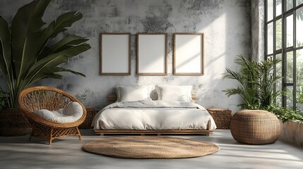 Fototapete - Coastal bedroom mockup white walls rattan furniture and empty frames The design combines natural elements with clean lines and is showcased from different side views in this relaxing 3D render