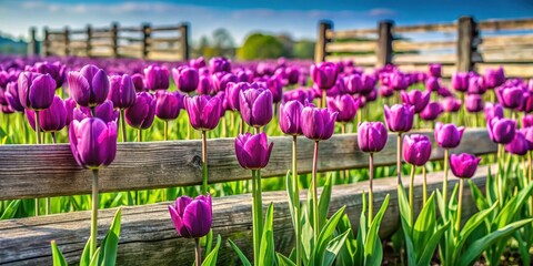 Wall Mural - Old wooden fence with purple tulips in a field , purple, flowers,  purple, flowers