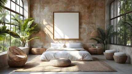 Poster - Coastal boho style bedroom featuring mockup frame on a textured wall Soft earthy tones and woven decor surround the space creating a breezy and serene vibe in this 3D render