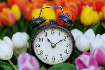 Aufkleber - A black alarm clock sits amidst a field of colorful tulips, perfect for use in designs related to morning routines, nature, and simplicity