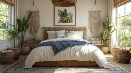 Poster - Coastal boho inspired bedroom interior a mockup frame above a woven headboard Neutral colors and macrame decor create a calming atmosphere in this detailed 3D render of beachy elegance