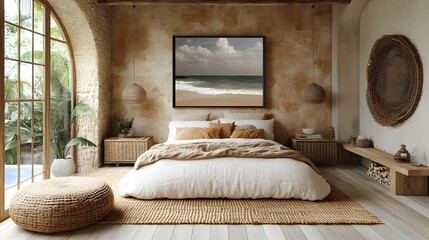 Fototapete - Coastal boho style bedroom featuring mockup frame on a textured wall Soft earthy tones and woven decor surround the space creating a breezy and serene vibe in this 3D render
