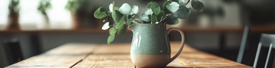 Wall Mural - A simple still life composition of a vase with greenery on a wooden table