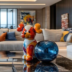 Fototapete - Contemporary interior showcasing vibrant decor featuring a unique vase and a balloon dog sculpture viewed from a frontal angle to highlight the colorful elements and modern aesthetics
