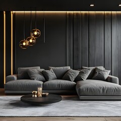 Poster - Contemporary home interior a dark living room featuring a black empty wall mock up Unique light fixtures and bold furnishings create a striking contrast in this stunning 3D render of modern design