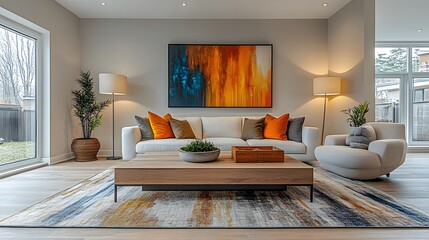 Poster - Contemporary living room a modern sofa and colorful abstract wall art captured from a side angle to showcase the inviting furnishings and the blend of warm neutral tones