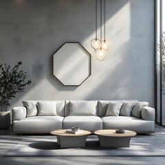 Fototapete - Contemporary minimalist living room interior a home mockup on the wall A lowprofile sofa and geometric decor elements add a modern touch while maintaining simplicity in this calming 3D render