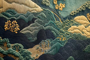 Poster - A fabric-textured design where landscapes are woven in intricate embroidery