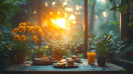 Poster - Corner angle capturing terrace interior with garden furniture a beautifully set table with food and decorative plants all highlighted by the sunlight streaming through a big window Template