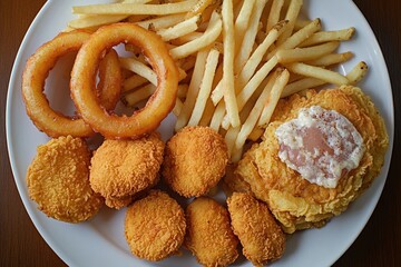 Poster - A plate of fried foods served with French fries, perfect for a casual meal or snack