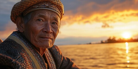 Aufkleber - A person sitting on a boat during a beautiful sunset scene