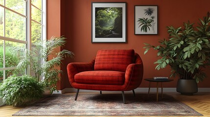 Poster - Corner angle capturing warm living room design with a striking red armchair patterned plaid personal items and a mockup poster frame enhancing the inviting brown wall Template