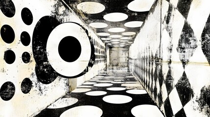 Poster - A captivating black and white image showcasing a surreal futuristic architectural corridor with a mesmerizing pattern of circular shapes and a repeating checkerboard design