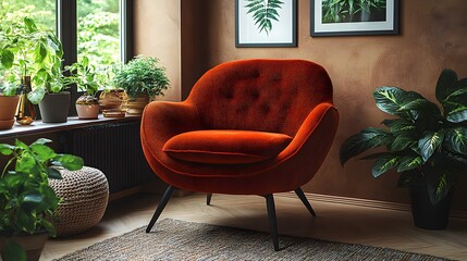 Poster - Corner angle capturing warm living room design with a striking red armchair patterned plaid personal items and a mockup poster frame enhancing the inviting brown wall Template