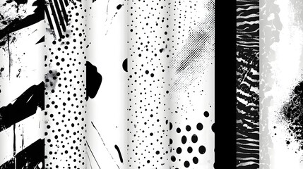 Aufkleber - A dramatic and abstract monochrome background with an overlapping composition of geometric shapes polka dot patterns and fluid ink splashes