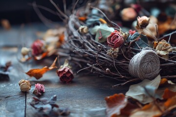 Poster - A ball of yarn sits atop a pile of dried flowers, perfect for crafting or decorative use