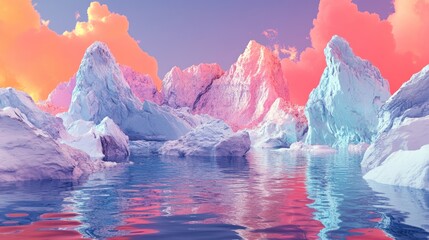 Wall Mural - A serene landscape featuring colorful icebergs and reflective waters under a vibrant sky.