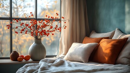 Poster - Corner angle of stylish bedroom with harmonized decor featuring elegant wallpaper a modern bed decorative flowers in a vase and chic accessories creating a warm and inviting atmosphere Template