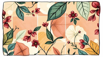 Poster - Beautiful floral pattern with leaves and flowers in warm tones on a light background. Generative AI