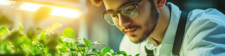 Poster - a person in glasses studying a plant, suitable for science or education images