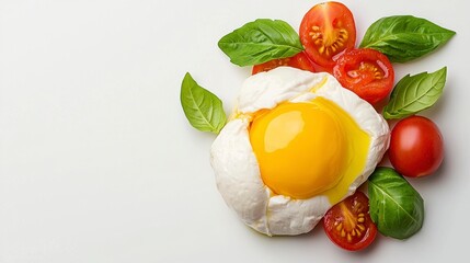 Wall Mural - overhead shot of poached egg with tomatoes and mint on white