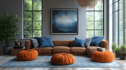 Poster - Corner shot of modern living room a brown sofa wooden console mockup poster frame blue pillows plaid orange pouf patterned rug and carefully placed personal accessories for a comfortable vibe Template