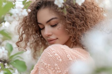 Wall Mural - A woman with curly hair wearing a pink sweater, suitable for lifestyle or fashion photoshoots