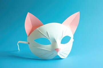 Aufkleber - A cute white cat wearing a colorful mask with bright pink ears on a light blue background