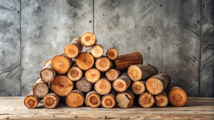 Poster - A Stack of Firewood Logs Arranged in a Pyramid Shape Against a Weathered Gray Wall