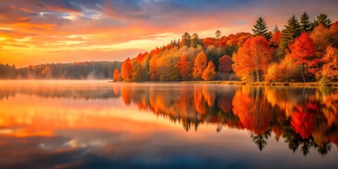 Poster - A serene lake reflecting the fiery hues of autumn foliage, with a soft mist hovering above the tranquil water.