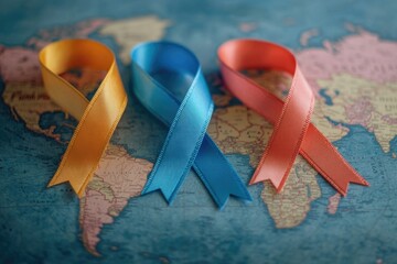 Poster - A map of the world with colorful ribbons marking various routes and journeys