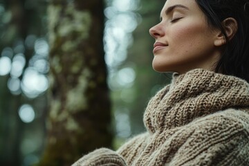 Poster - A woman sits or stands in a wooded area, her eyes closed in contemplation or meditation