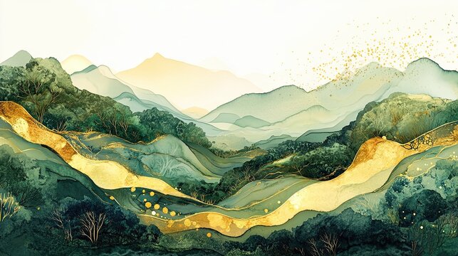 A stream of translucent shades intertwines with metallic gold veins to form an organic, luxurious landscape. liquid ink technique