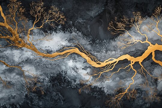 A stream of translucent shades intertwines with metallic gold veins to form an organic, luxurious landscape. liquid ink technique