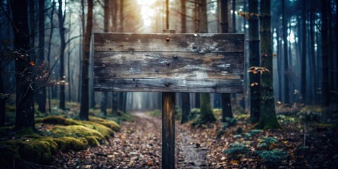 Poster - A weathered wooden signpost stands tall against a backdrop of a misty forest, its surface ready to bear witness to the secrets whispered by the trees.