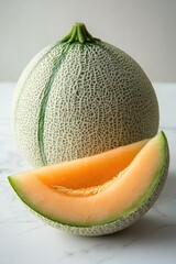 Poster - Fresh cantaloupe cut in half, revealing its juicy insides