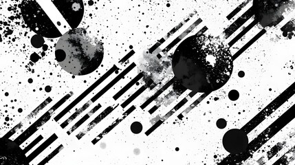 Poster - A striking monochromatic abstract composition featuring a dynamic arrangement of geometric shapes lines and splattered effects  This minimalist high contrast design evokes a sense of motion